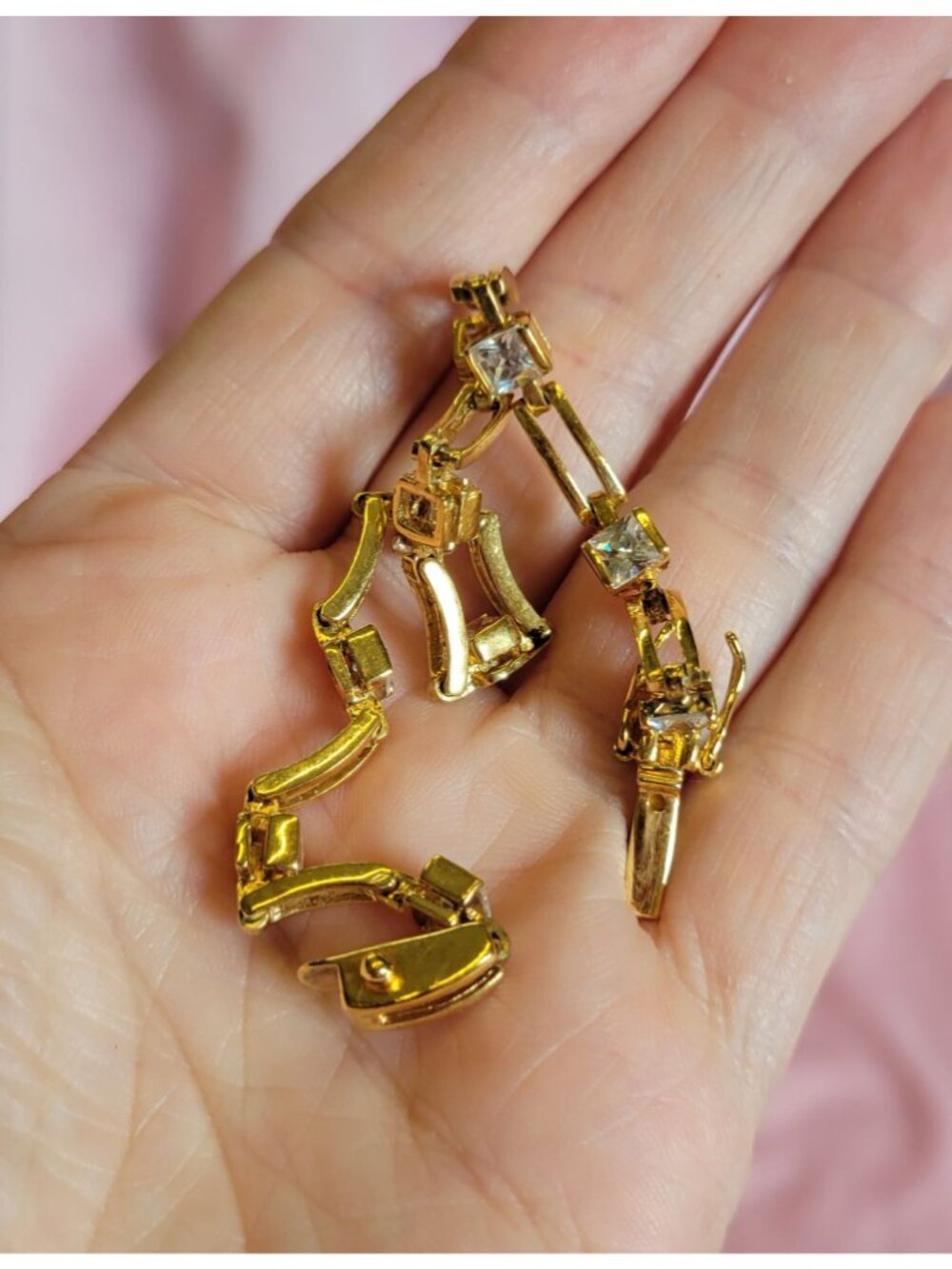 Stamped 925 FAS Gold Tone Clear Rhinestone Link Bracelet BR1 - Picture 4 of 7